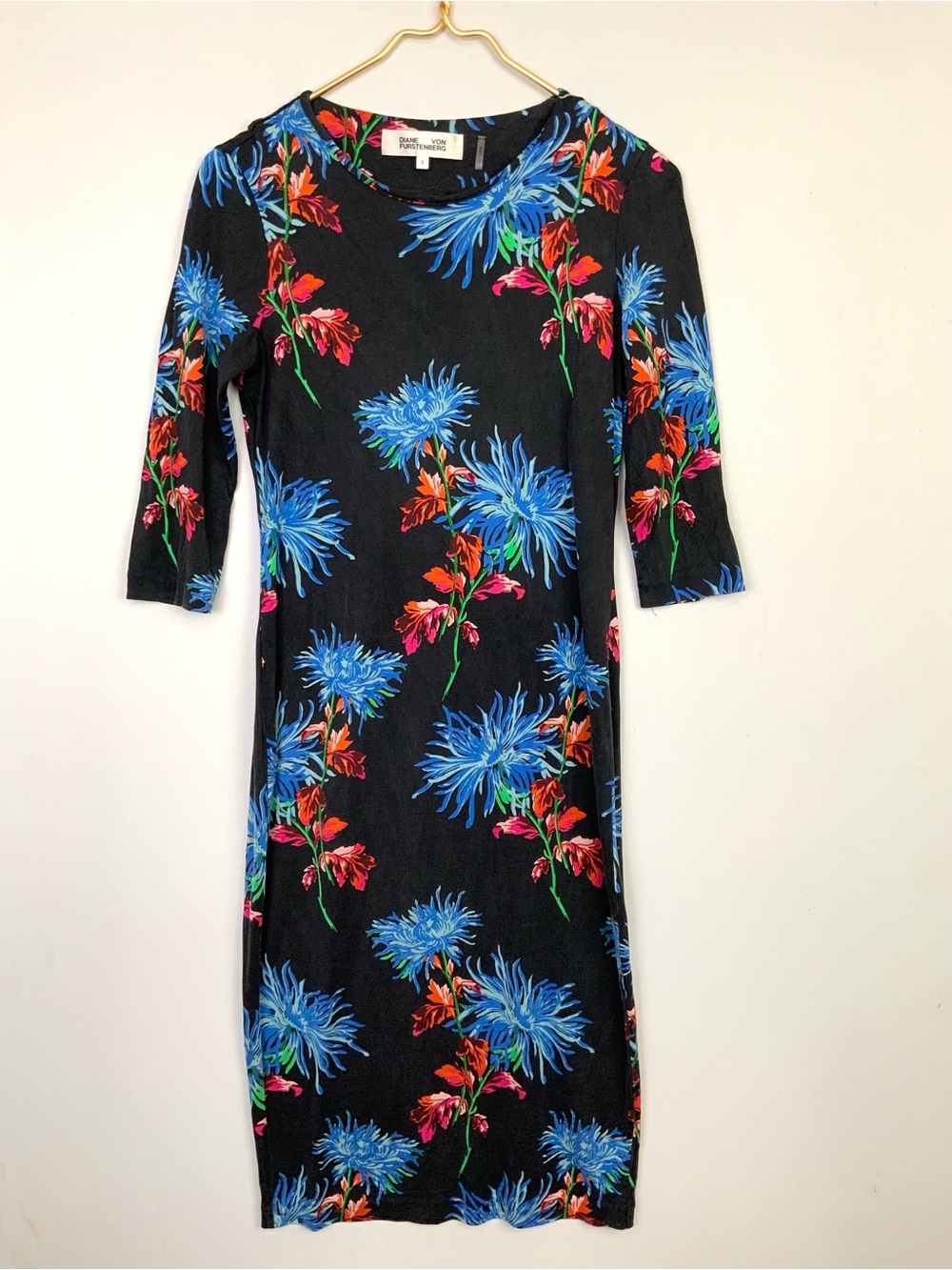 Diane Von Furstenberg Sz Small Saihana Black Floral Silk Jersey Sheath Dress